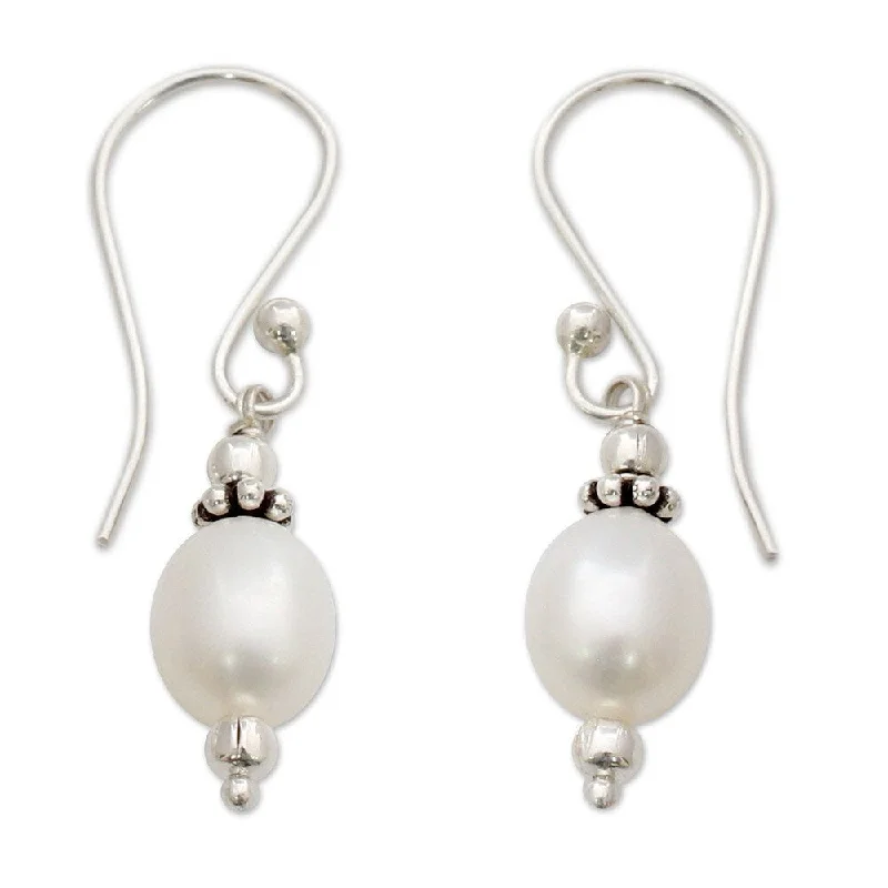 Drop Earrings for Christmas Party -Handmade White Freshwater Pearl Earrings (India)