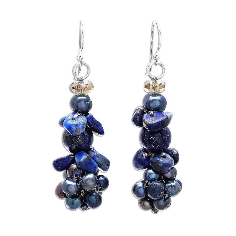 Drop Earrings for Birthday Celebration -NOVICA Heaven's Gift, Lapis lazuli and cultured pearl cluster earrings - 1.3*0.6