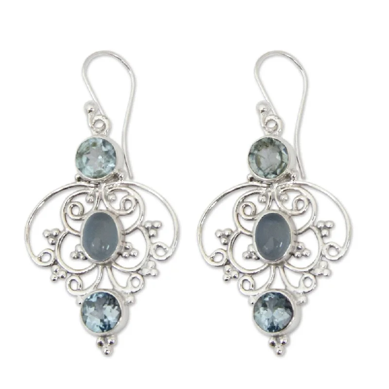 Drop Earrings for Yoga Session -NOVICA Handmade Sterling Silver Blue Arabesque Topaz Chalcedony Earrings (India) - 2*1.2