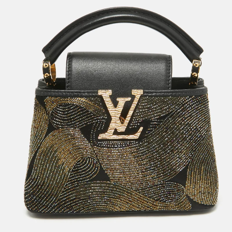 Handle bags with camouflage patterns for edge -Louis Vuitton Black/gold Beaded Embroidered Cruella Satin Capucines Mini Bag