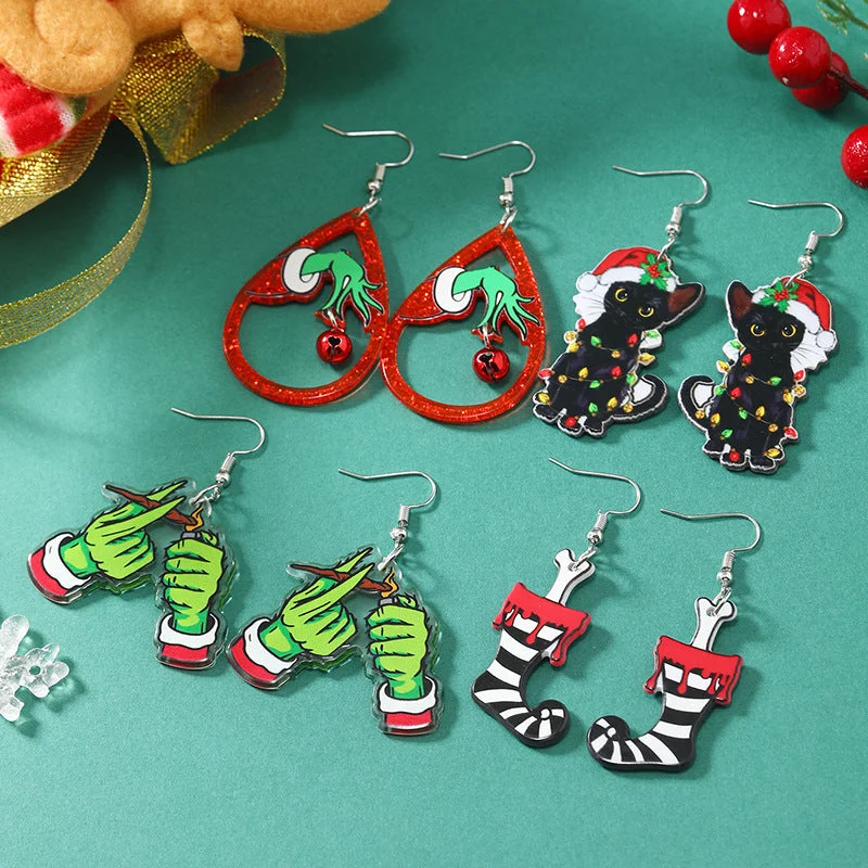 Drop Earrings with Floral Motifs -Wholesale New Acrylic Reversible Retro Fashion Halloween Socks Black Cat Earrings