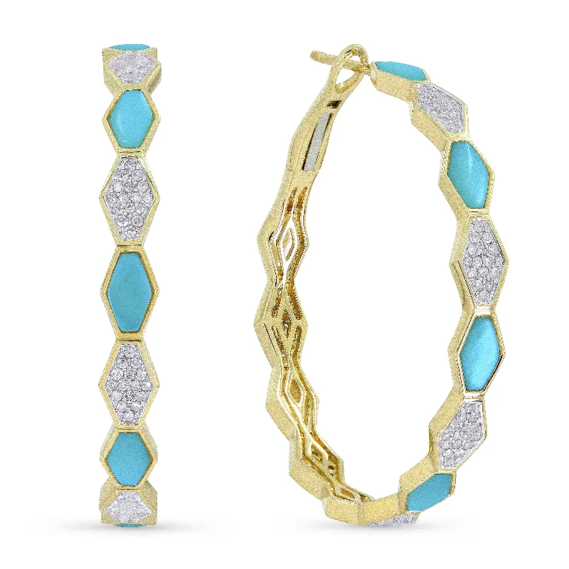 Drop Earrings for Party Look -18" 1.56Ct Turquoise Hoops Earrings In 14K Yellow Gold