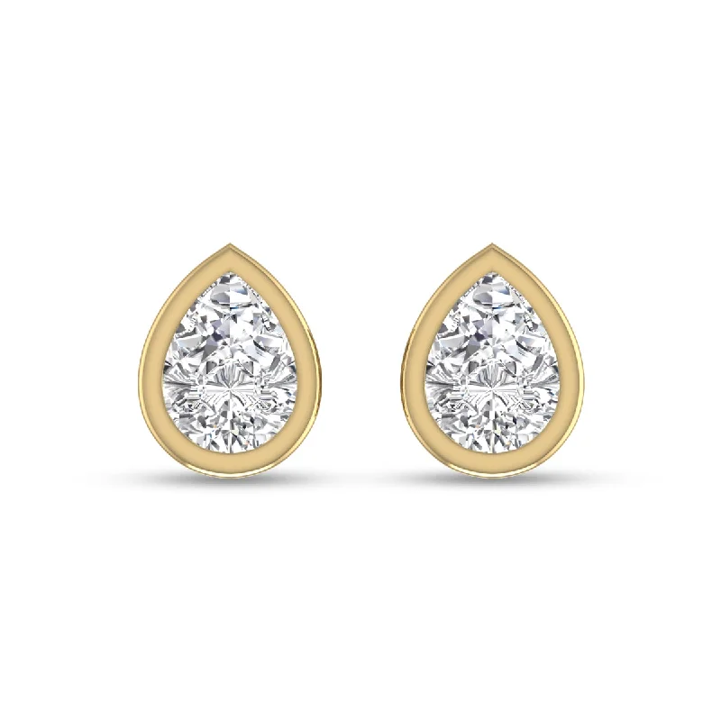 Drop Earrings with Embossed Patterns -Lab Grown 1/2 Carat Pear Shaped Bezel Set Solitaire Diamond Earrings In 14K Yellow Gold