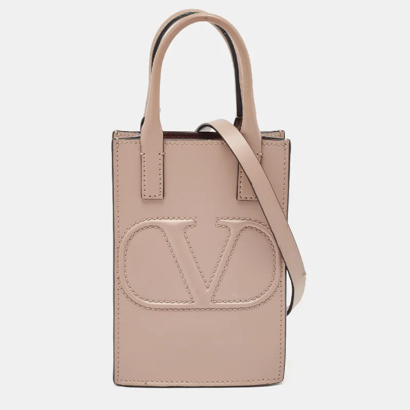 Handle bags with seasonal prints for holidays -Valentino Beige Leather Mini Vlogo Tote