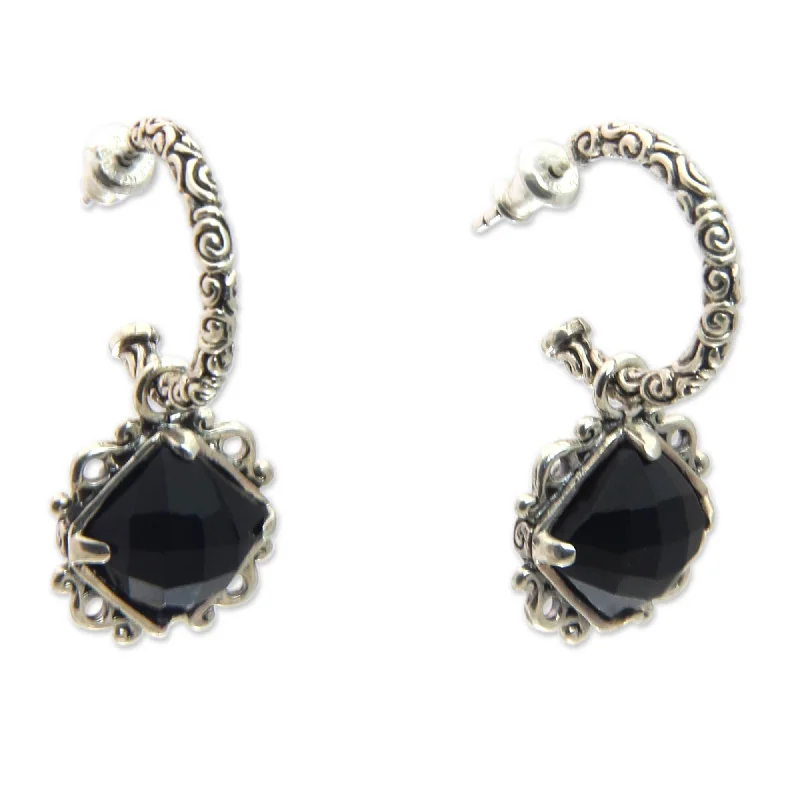 Drop Earrings with Polished Shine -Handmade Sterling Silver 'Sweet Enchantment' Onyx Earrings (Indonesia)