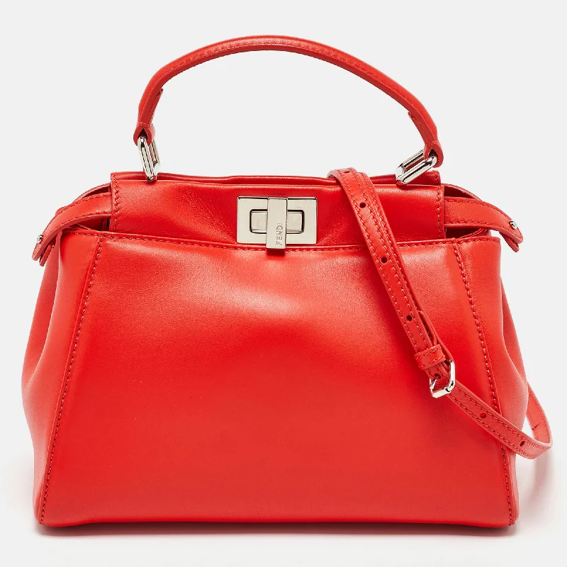 Handle bags with bold logos for branding -Fendi Orange Leather Mini Peekaboo Top Handle Bag