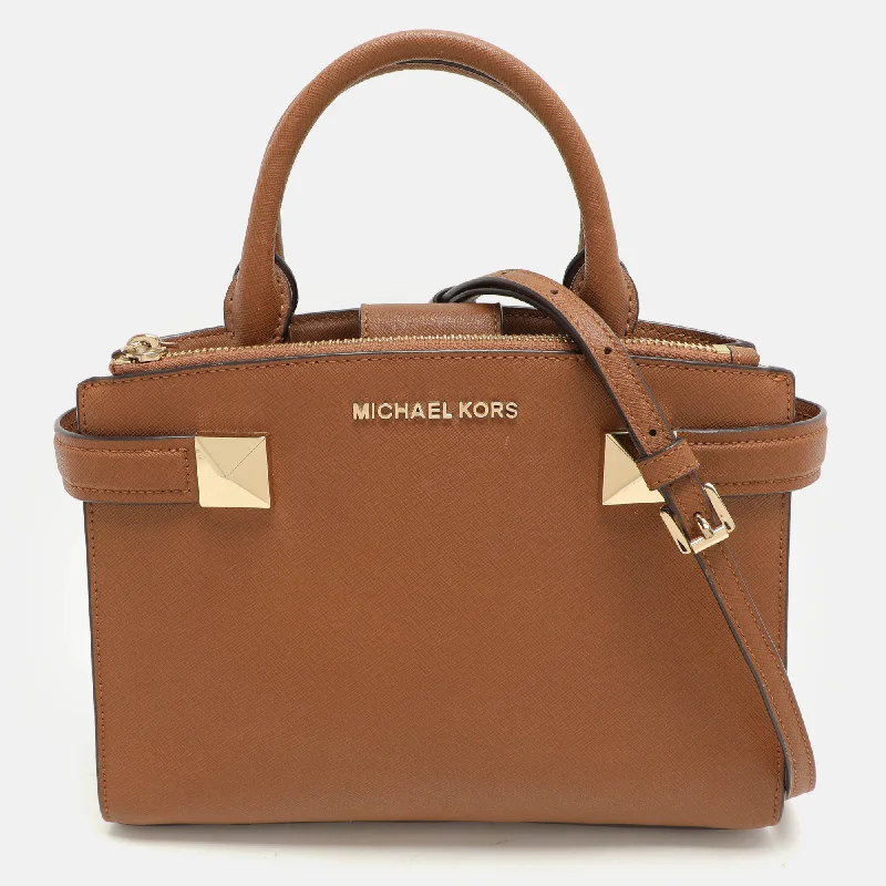 Handle bags with metallic finishes for shine -Michael Kors Brown Leather Small Karla Ew Tote