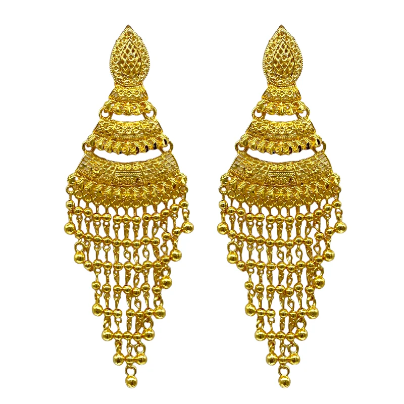 Drop Earrings with Debossed Designs -Dangling  Gold Earrings with Gold Beaded tassel