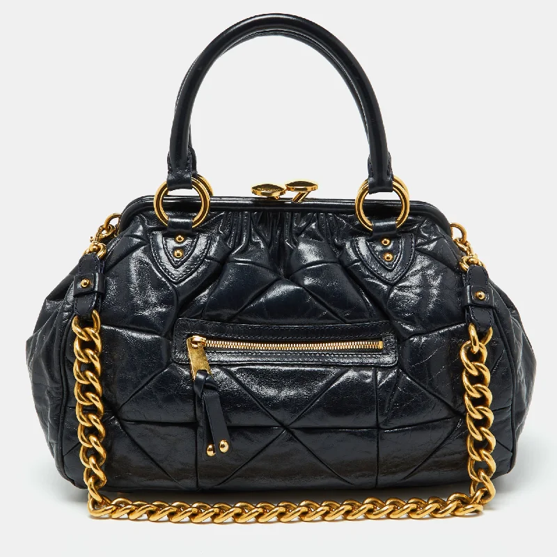 Handle bags with abstract art for uniqueness -Marc Jacobs Navy Blue Quilted Leather Stam Satchel