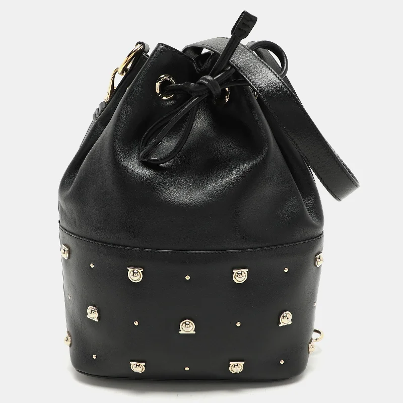 Handle bags with vintage vibes for nostalgia -Salvatore Ferragamo Black Leather Gancio Stud Bucket Bag