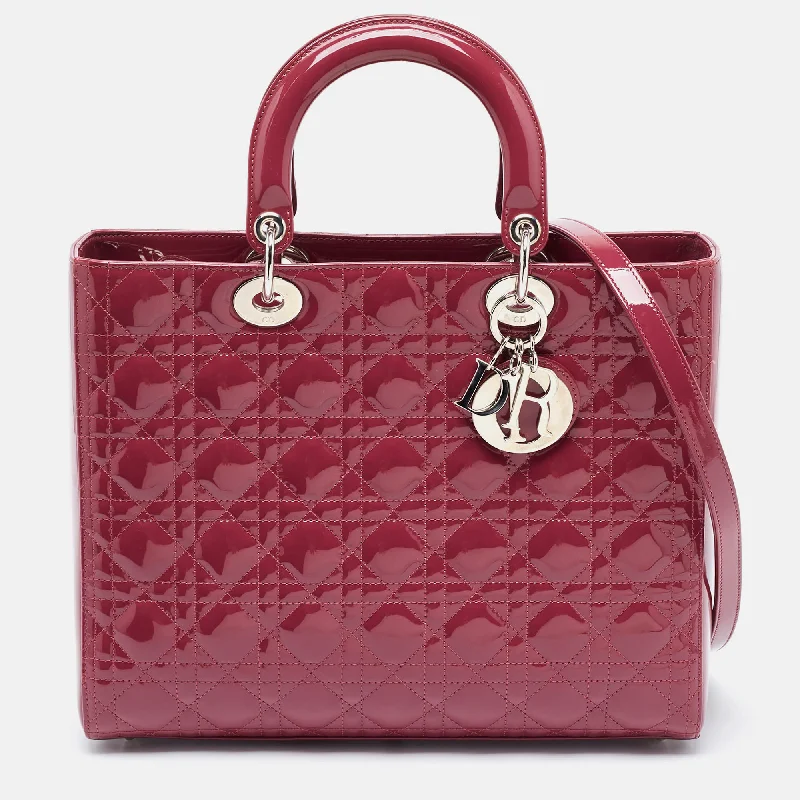 Handle bags with neutral tones for versatility -Dior Fuchsia Cannage Patent Leather Large Lady Dior Tote