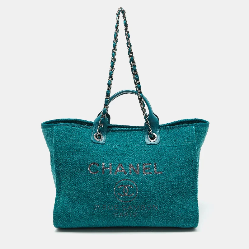 Handle bags with rugged canvas for outdoors -Chanel Teal Green Tweed Large Deauville Shopper Tote