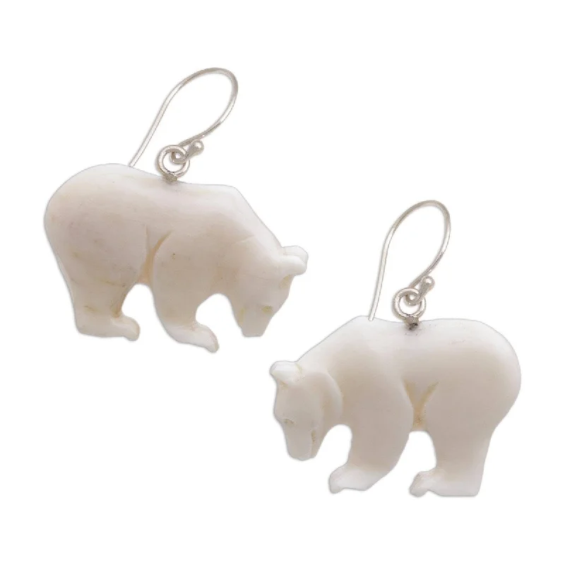 Drop Earrings with Abstract Designs -Handmade Sterling Silver 'Grizzly Brothers' Earrings (Indonesia) - White