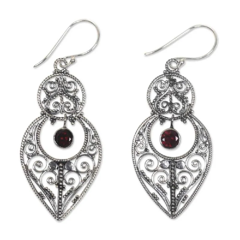 Drop Earrings with Filigree Work -Handmade Sterling Silver 'Majapahit Glory' Garnet Earrings (Indonesia)