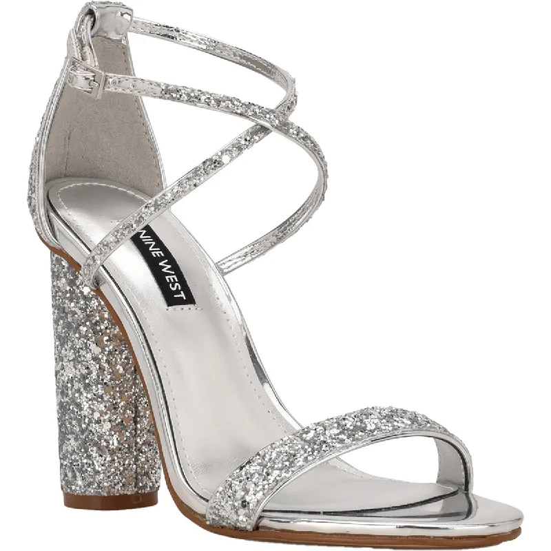 High-heeled sandals for women with thin straps and metallic shine for evening wear-Nine West Womens Celebra 3 Sequined Ankle Strap Heels