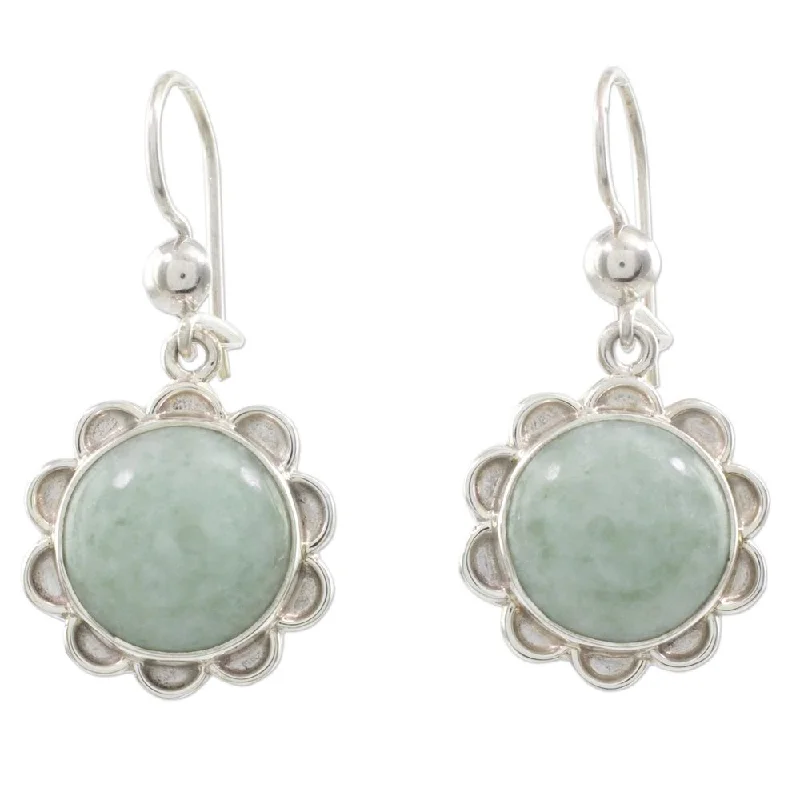 Ethnic Drop Earrings with Tribal Design -Handmade Sterling Silver 'Solar Apple Flower' Jade Earrings (Guatemala) - Green