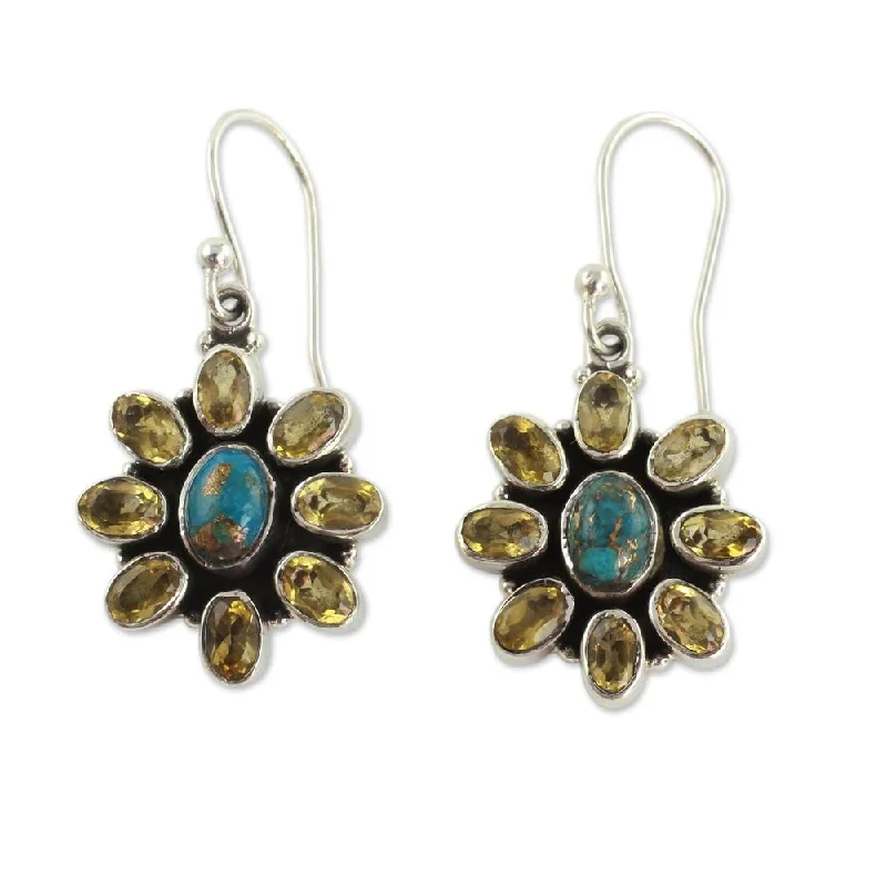 Ethnic Drop Earrings with Tribal Design -Handmade Sterling Silver 'Sunny Sky' Turquoise Citrine Earrings (India) - 1.5*0.7