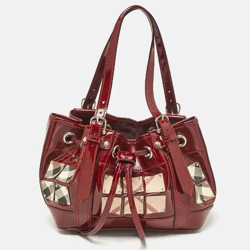 Handle bags with expandable sides for flexibility -Burberry Red Nova Check Patent Leather Warrior Drawstring Tote