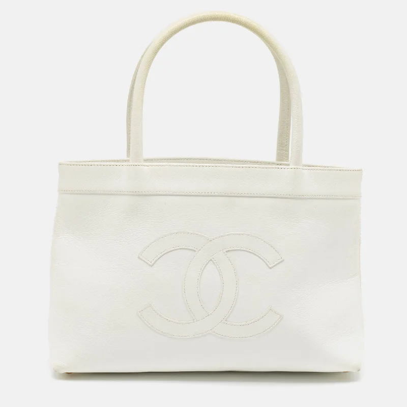 Handle bags with elegant gold-tone hardware -Chanel White Caviar Leather Cc Tote