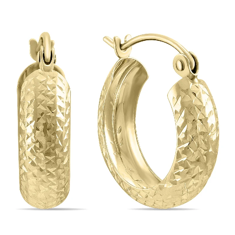 Drop Earrings with Vine Designs -14K Yellow Gold Hammered Huggie Hoop Earrings