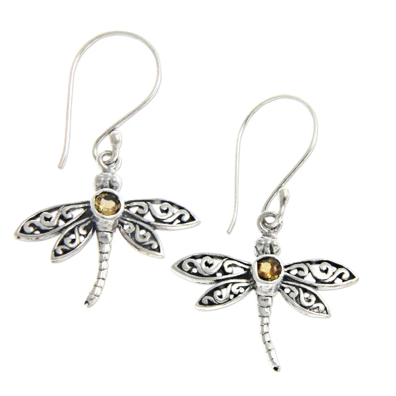 Floral Drop Earrings with Petals -Handmade Sterling Silver 'Enchanted Dragonfly' Citrine Earrings (Indonesia) - 1.3*0.9