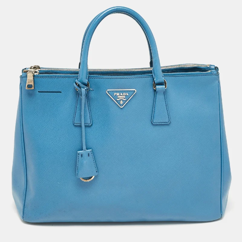 Handle bags with sleek leather for work -Prada Blue Saffiano Lux Leather Large Double Zip Tote