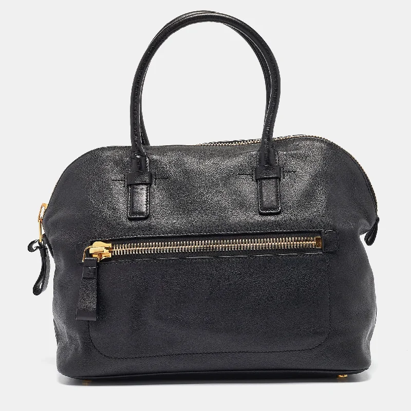 Handle bags with sleek leather for work -Tom Ford Black Leather Top Zip Satchel