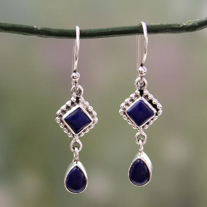 Drop Earrings with Star Motifs -Handmade Sterling Silver Queen of Diamonds Lapis Lazuli Dangling Earrings (India)