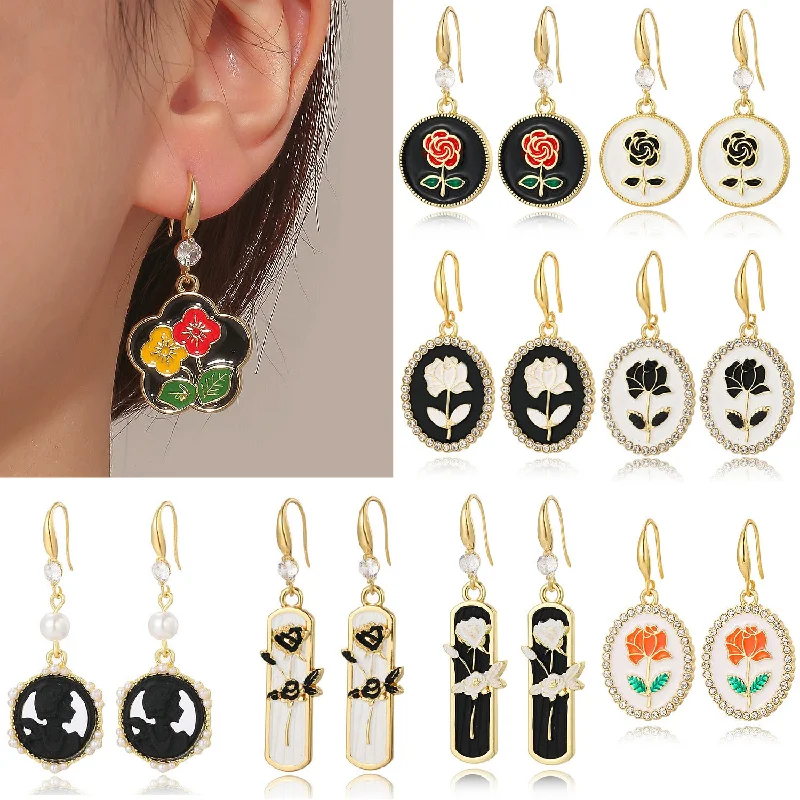 Crystal Drop Earrings for Sparkle -Wholesale Exaggerated Flower Rose High-end Small Fragrance Style Metal Earrings