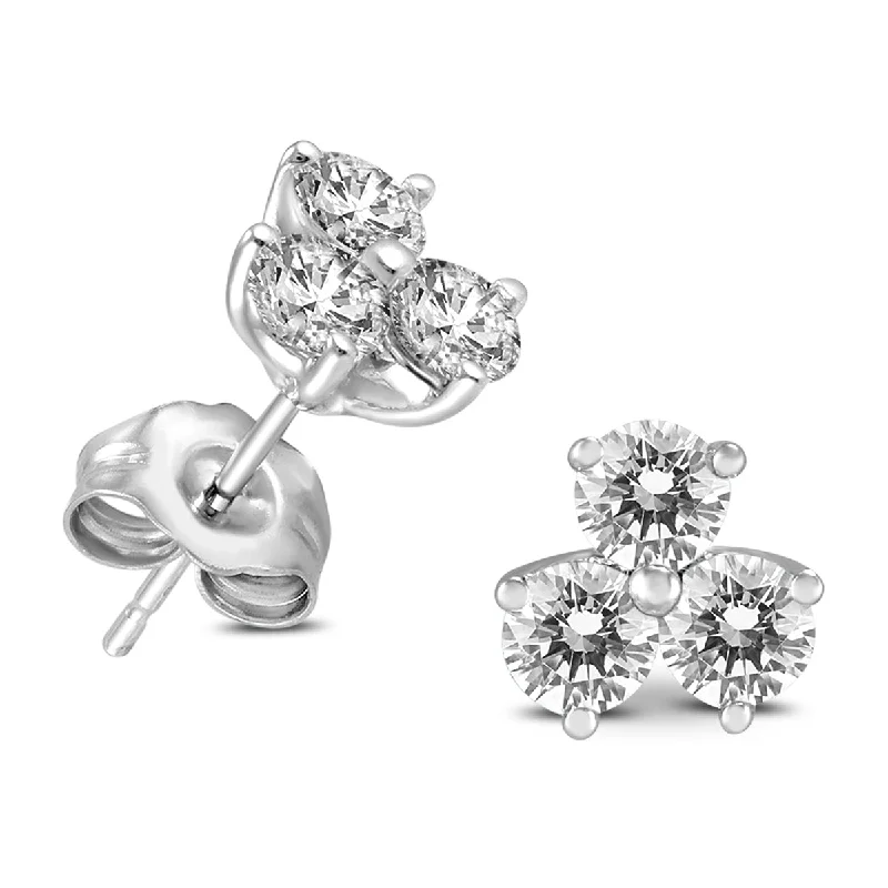 Pearl Drop Earrings for Elegance -1/2 Ctw Three Stone Flower Natural Diamond Earrings In 14K White Gold