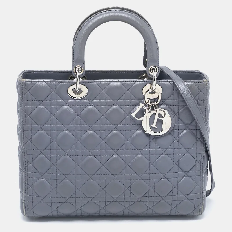 Handle bags with subtle embroidery for detail -Dior Grey Cannage Leather Large Lady Dior Tote