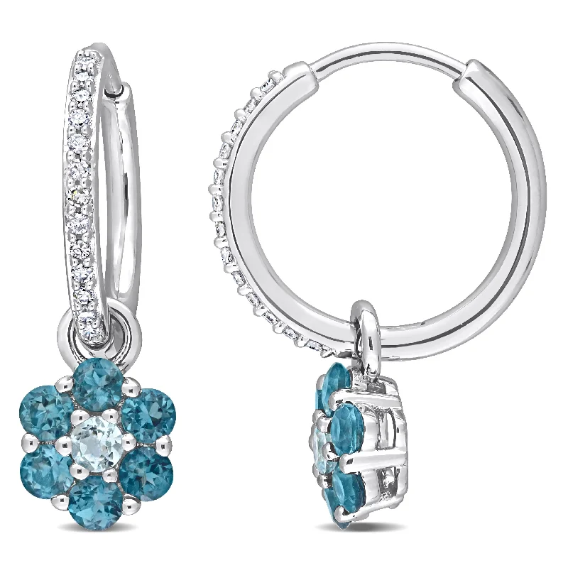 Hoop earrings with a chunky design for a bold and trendy statement-1 1/10 CT TGW London and Sky Blue Topaz and 1/8 CT TDW Diamond Floral Huggie Earrings in 10k White Gold