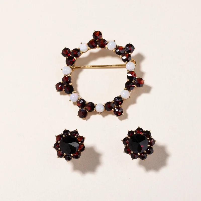 Hoop earrings with floral motifs for a feminine and nature-inspired look-'Birks' 14k Yellow Gold Garnet & Opal Brooch & Earring Set | 11.01ctw, 1.19ctw