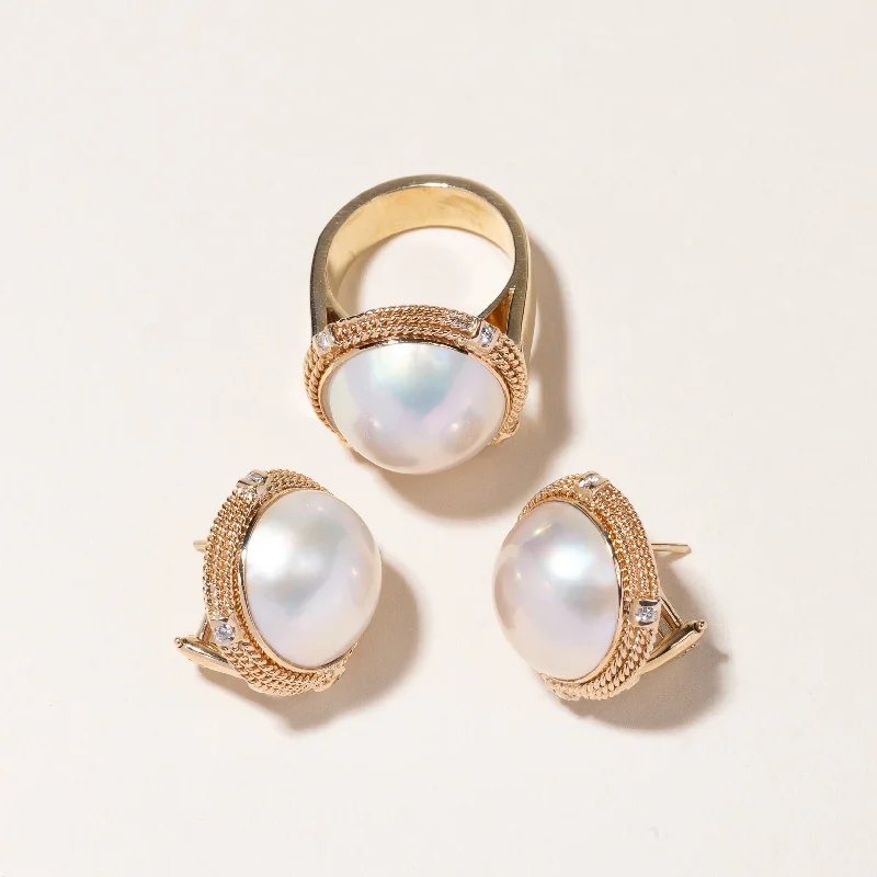 Hoop earrings with a matte finish for a sleek and sophisticated appearance-14K Yellow Gold Pearl & Diamond Earrings & Ring Set | 14.00-15.00mm, 0.13ctw | SZ 4.75 |