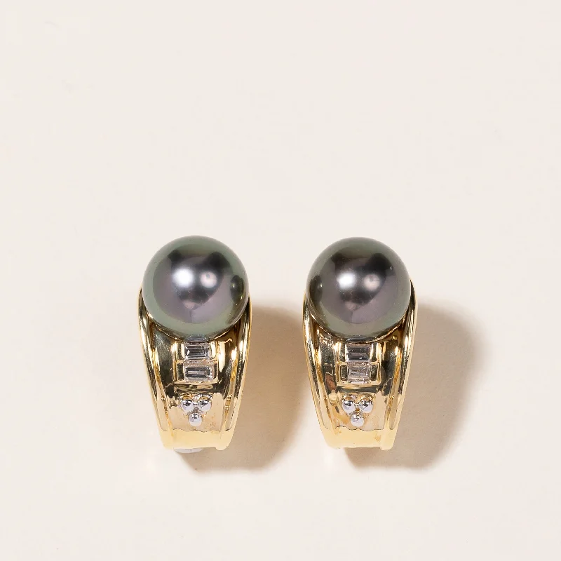 Best hoop earrings with smooth ceramic finishes for a polished, clean style-18K Yellow Gold Black South Sea Pearl & Diamond Earrings | 10.50-10.80mm, 0.23ctw