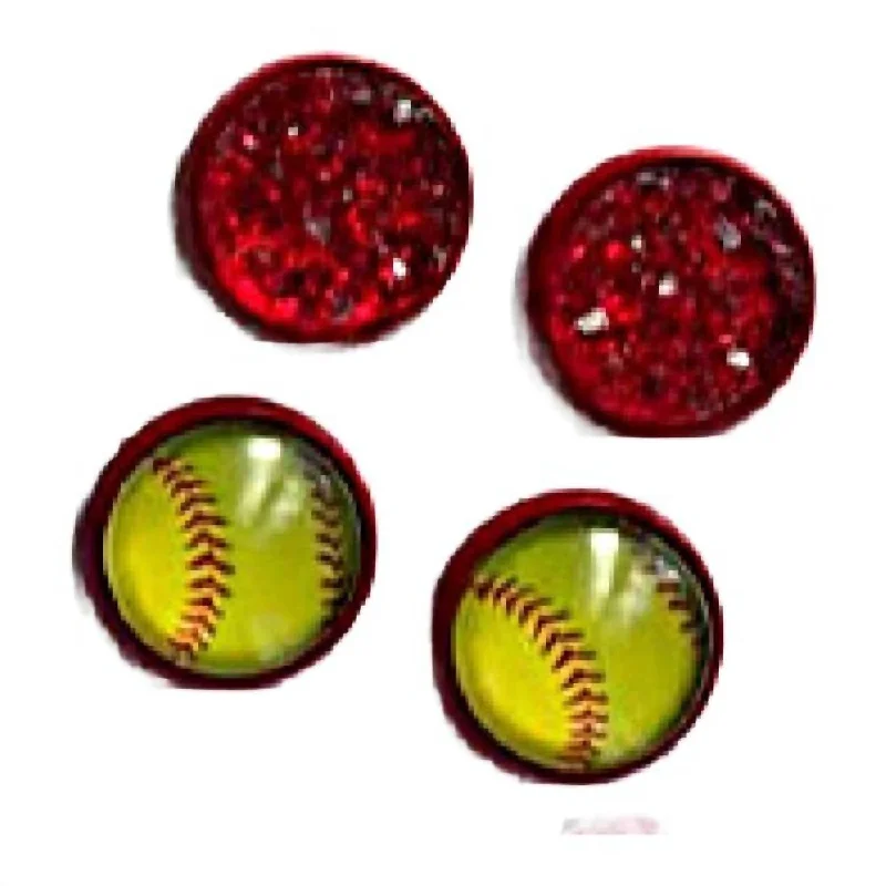 Hoop earrings with a matte black finish for a sleek, edgy vibe-2 Pack Softball Druzy Stud Earring Set In Red/yellow