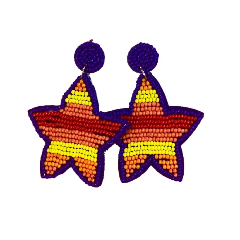 Hoop earrings with hearts for a sweet and romantic gesture-Astros Stripe Seed Bead Star Earrings In Orange Multi