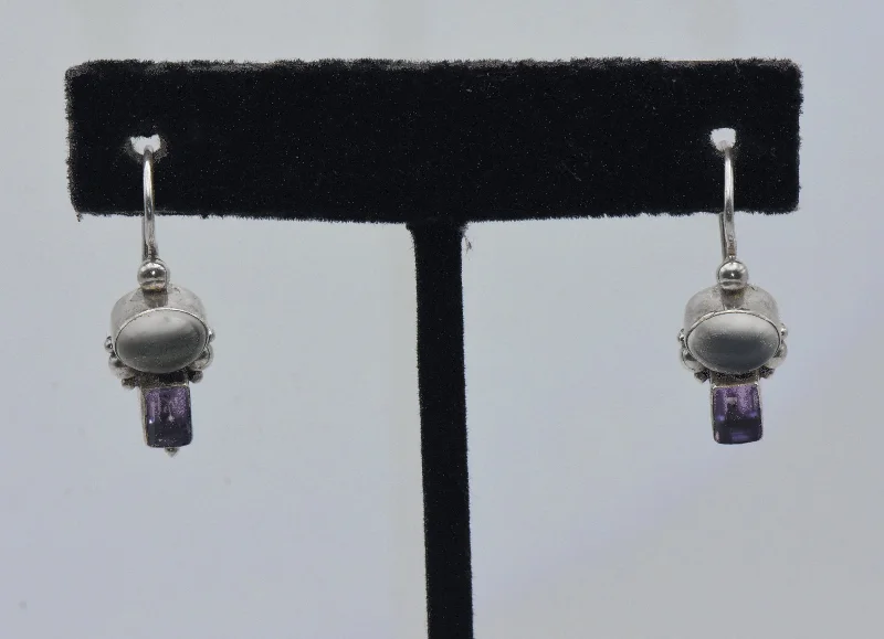 Best hoop earrings with matte finish for a sophisticated, understated design-Vintage Cat's Eye Moonstone and Amethyst Sterling Silver Earrings