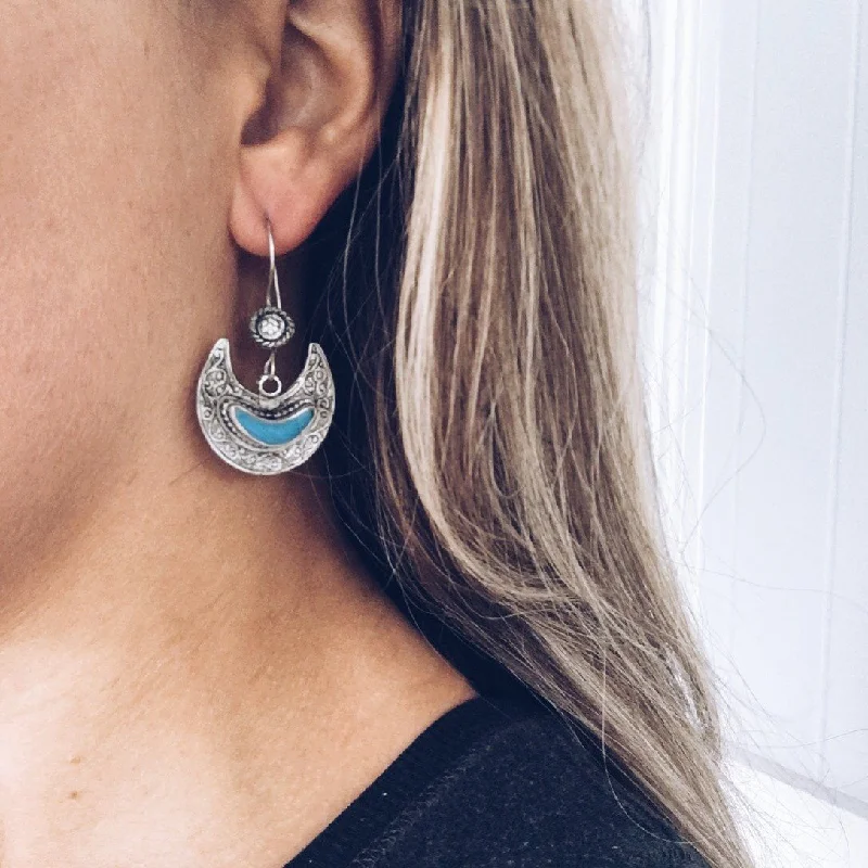 Best hoop earrings with minimalist designs for a clean and modern aesthetic-Crescent Kuchi Tribal Earrings - Turquoise