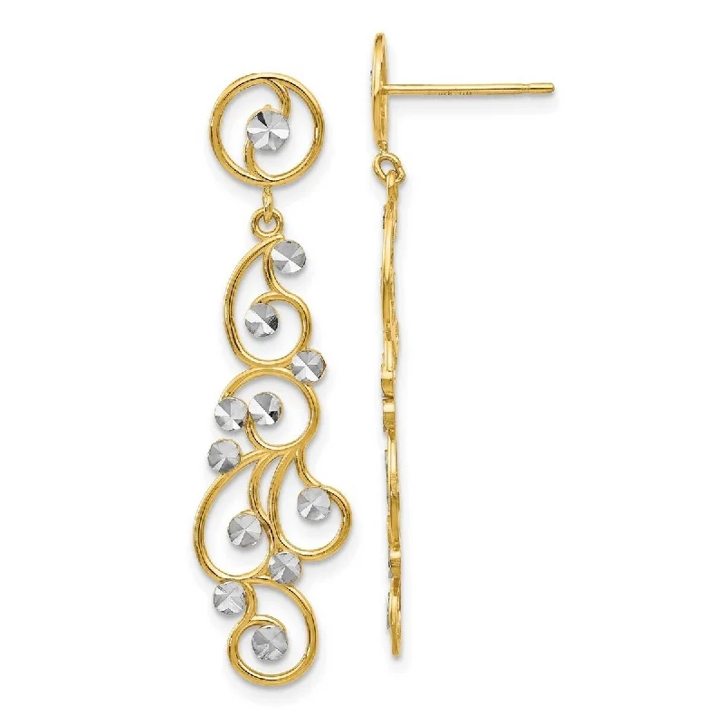 Best hoop earrings with floral designs for a feminine and delicate look-Curata 14k Yellow Gold 41x10mm Rhodium Filigree Long Drop Dangle Earrings