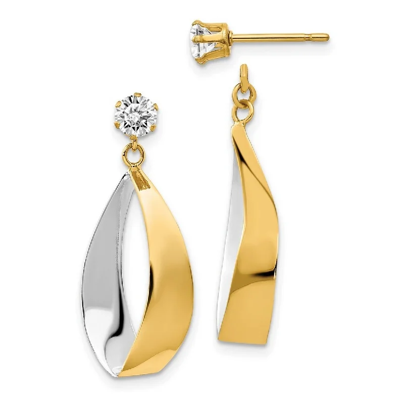 Hoop earrings with luxe velvet finishes for a rich and luxurious touch-Curata 14k Yellow Gold Polished Surgical steel post Oval Dangle Jacket Rhodium and CZ Cubic Zirconia Simulated Diamond Earrings