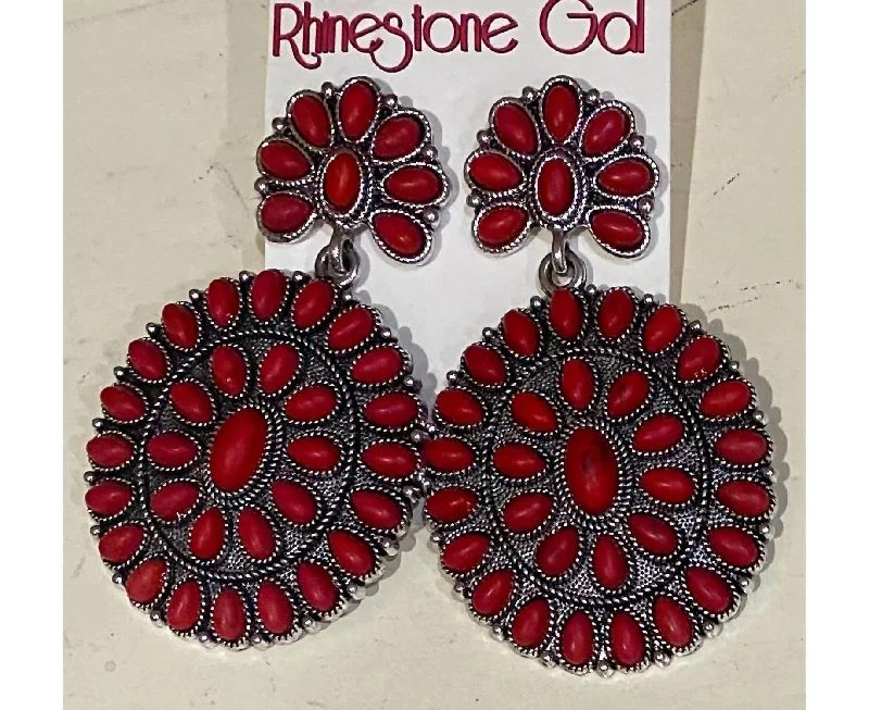 Hoop earrings with removable pendants for a versatile and customizable accessory-Double Cluster Concho Earrings In Red