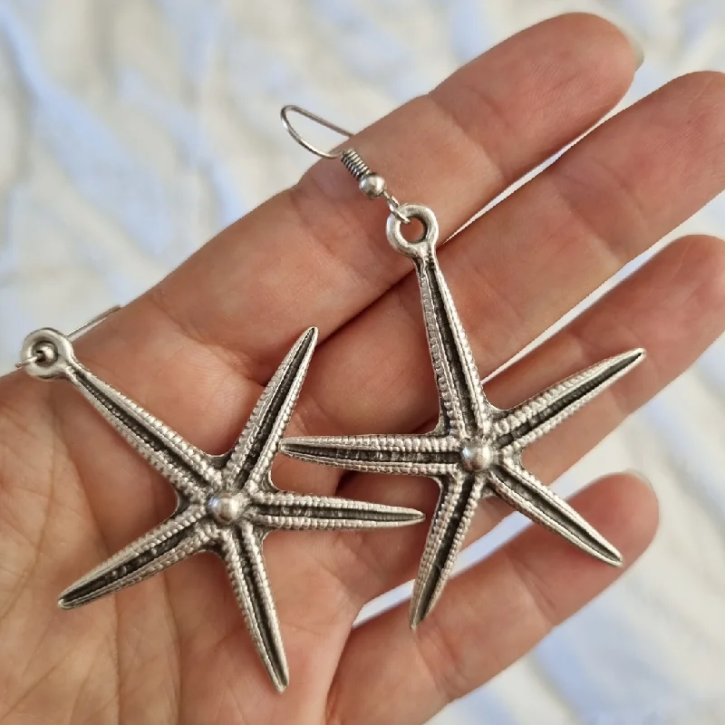 Best hoop earrings with rose gold for a romantic and warm aesthetic-Boho Large Silver Starfish Earrings  - Beachy Bohemian Jewellery