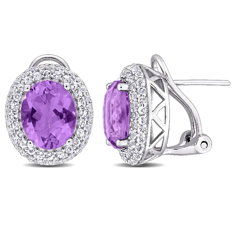 Best hoop earrings with geometric hexagon shapes for a modern, angular look-Mimi & Max 5 2/5ct TGW Oval-Cut Amethyst and White Topaz Double Halo Leverback Earrings in Sterling Silver