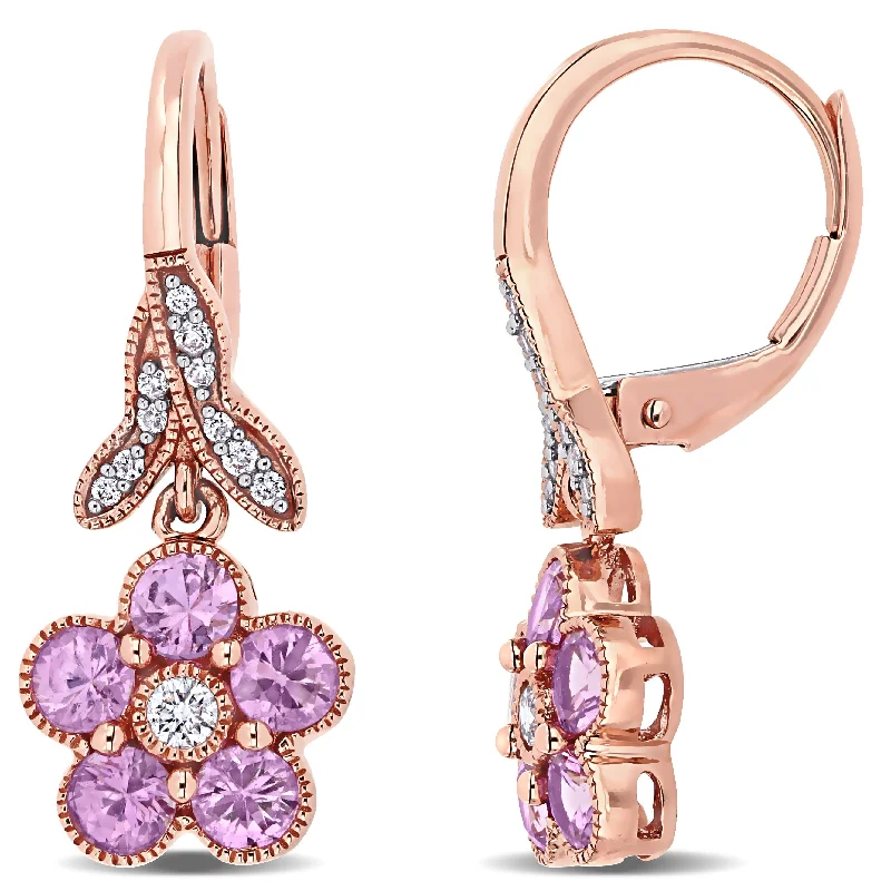 Hoop earrings with artistic filigree designs for an intricate, delicate finish-Mimi & Max Pink Sapphire and 1/7ct TW Diamond Flower Leverback Earrings in 14k Rose Gold