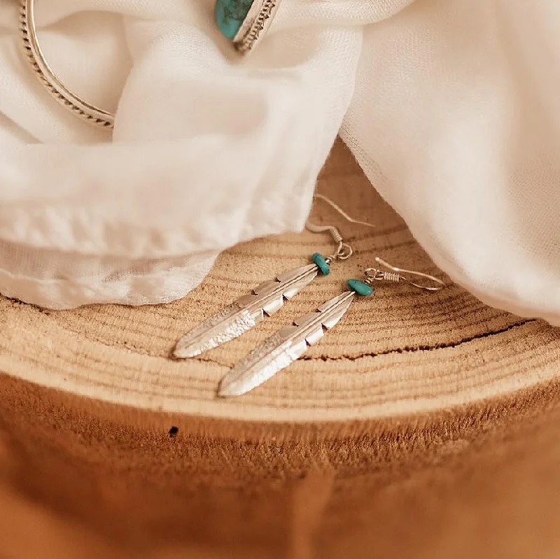 Best hoop earrings with asymmetrical designs for a fashion-forward, avant-garde look-Navajo Feather Turquoise Earrings - Sterling Silver