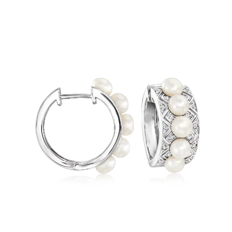 Best hoop earrings with stacked layers for a dimensional and bold look-Ross-Simons 4-4.5mm Cultured Pearl and . Diamond Hoop Earrings in Sterling Silver