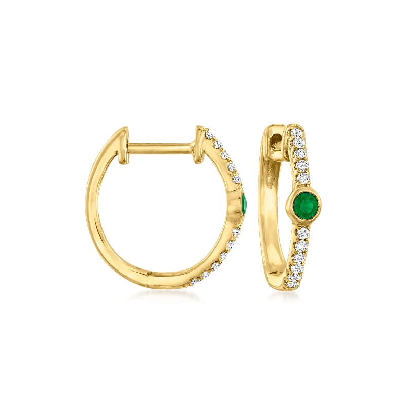 Best hoop earrings with intricate beaded details for a textured, stylish appearance-Ross-Simons Emerald and Diamond-Accented Huggie Hoop Earrings in 14kt Yellow Gold