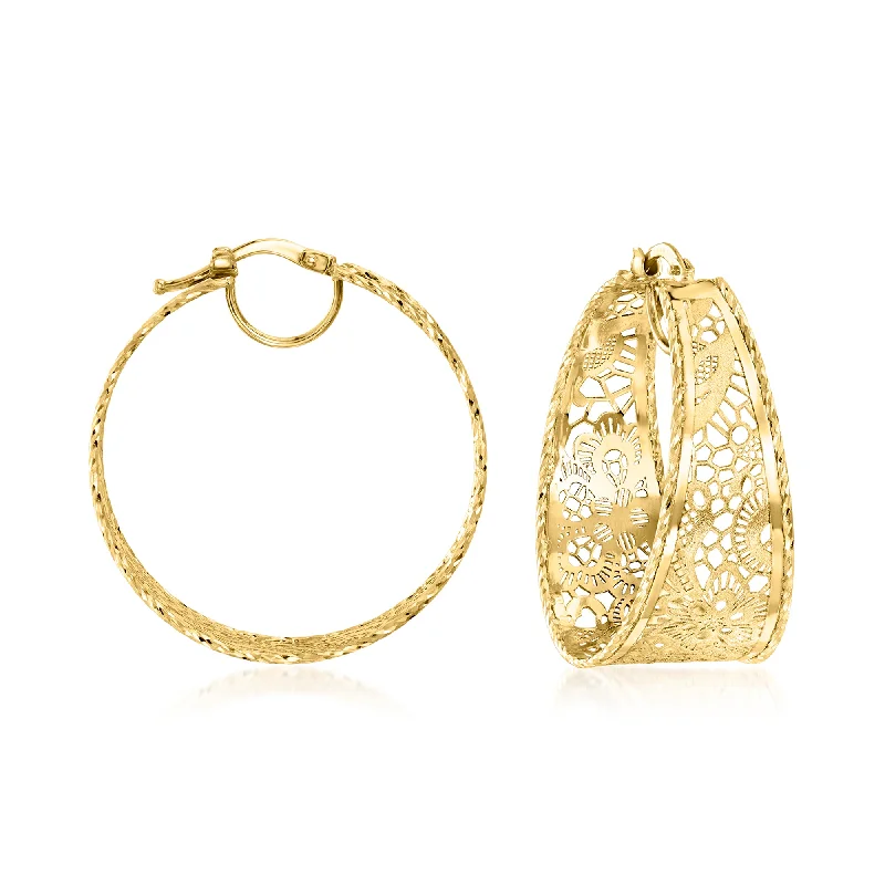 Best hoop earrings with angel wing accents for a spiritual and meaningful design-Ross-Simons Italian 14kt Yellow Gold Textured and Polished Lace Hoop Earrings