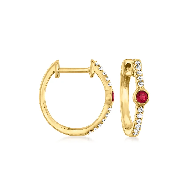 Best hoop earrings with asymmetrical designs for a fashion-forward, avant-garde look-Ross-Simons Ruby and Diamond-Accented Huggie Hoop Earrings in 14kt Yellow Gold